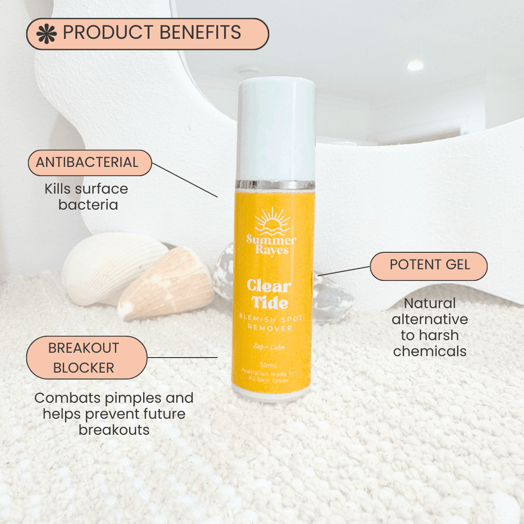 Summer Rayes Clear Tide product with benefits listed on a textured surface.