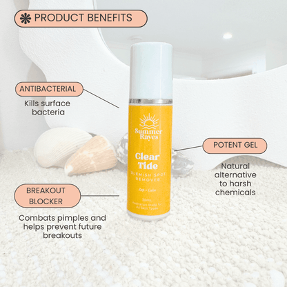 Summer Rayes Clear Tide product with benefits listed on a textured surface.