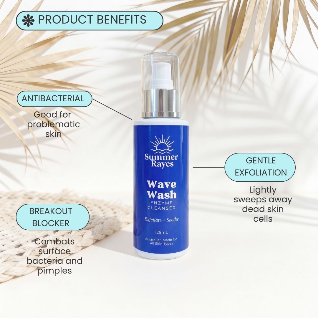 Summer Rayes Wave Wash enzyme cleanser 120ml bottle on a white background with decorative palm leaves, surrounded by callout text detailing its product benefits
