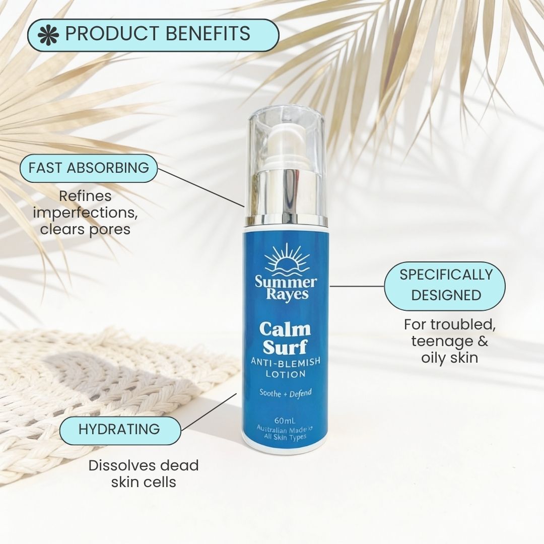 Summer Rayes Calm Surf Anti-Blemish Lotion bottle centered on a light background with decorative palm leaves and callout labels describing product benefits.