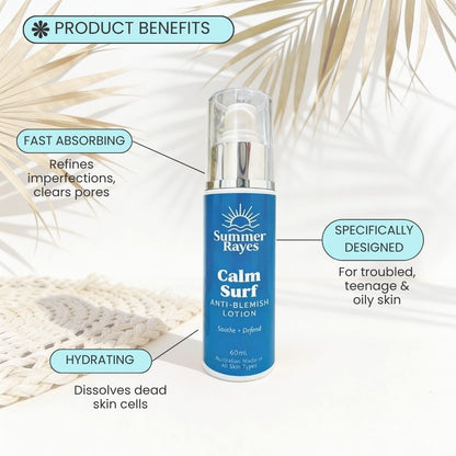 Summer Rayes Calm Surf Anti-Blemish Lotion bottle centered on a light background with decorative palm leaves and callout labels describing product benefits.