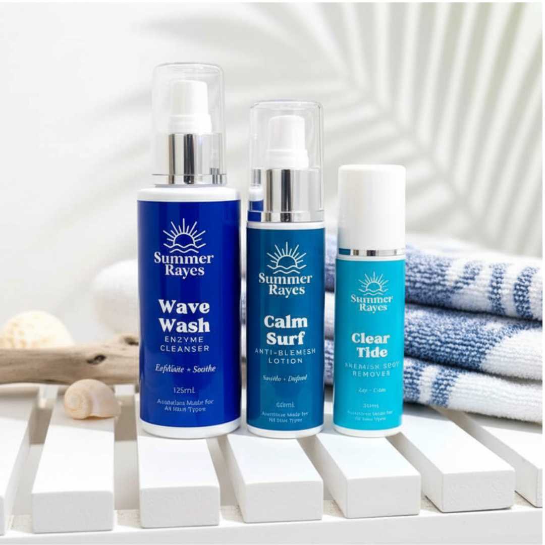 Three Summer Rayes teen boy skincare products on a white surface with a towel and shell in the background.