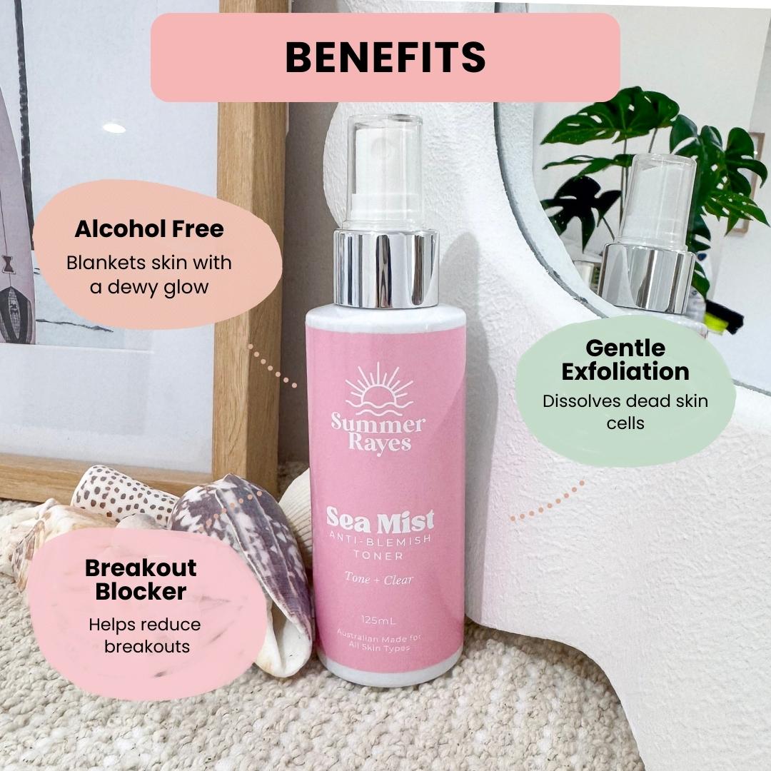 Pink bottle of Summer Rayes Sea Mist Toner skincare for teens with benefits listed on a neutral background
