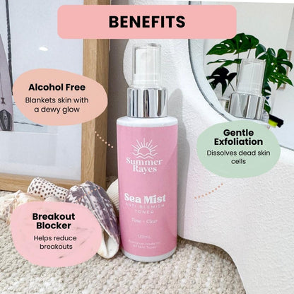 Pink bottle of Summer Rayes Sea Mist Toner skincare for teens with benefits listed on a neutral background