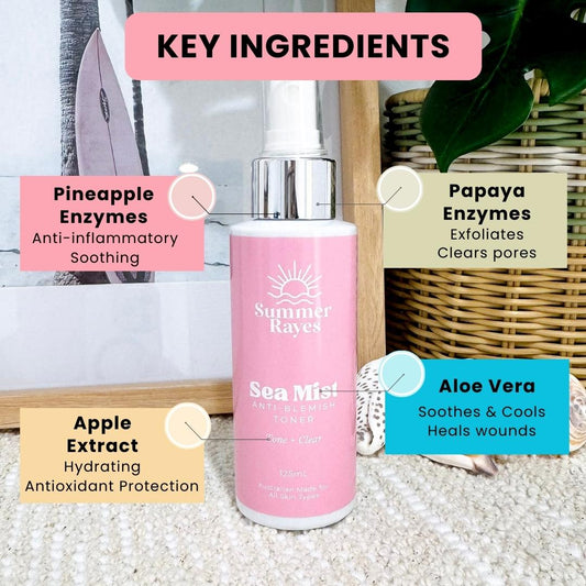 Pink bottle of Summer Rayes Skincare for Teens Sea Mist anti-blemish toner with labeled key ingredients on a neutral background