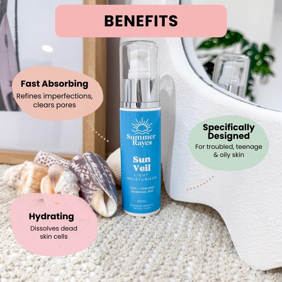 Summer Rayes Teenage Skincare Sun Veil moisturiser bottle with benefits text on a beach-themed background