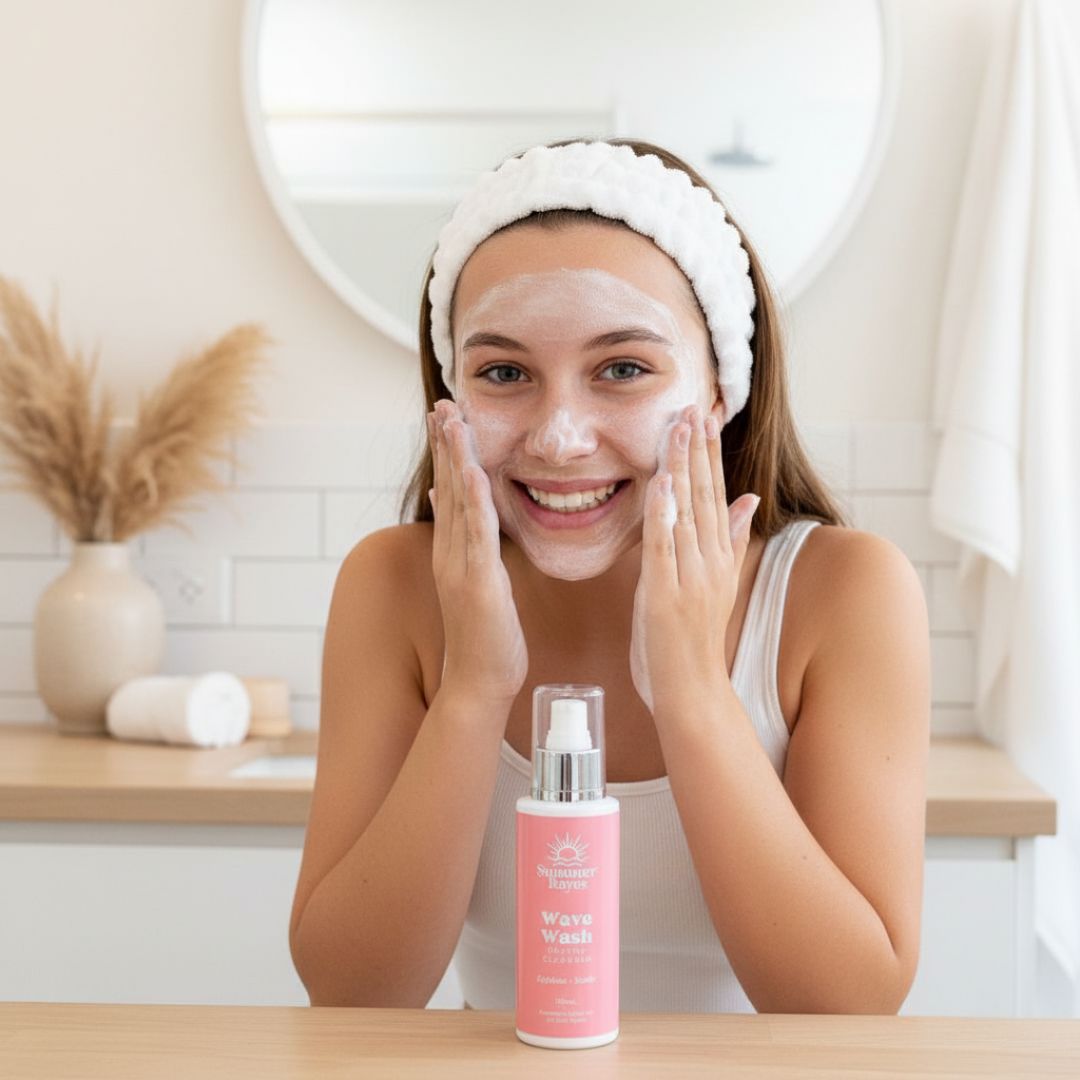 Teenager applying facial wash with a bottle of product on a table