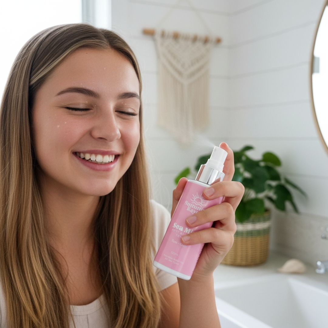 Woman holding a pink skincare product in a bathroom setting