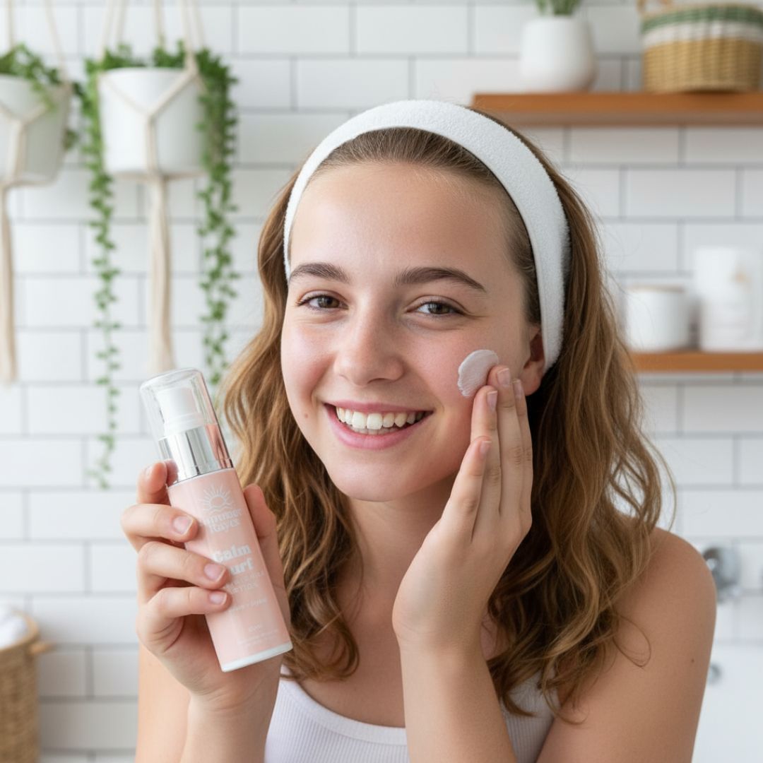 Teenager applying skincare product in a bathroom setting