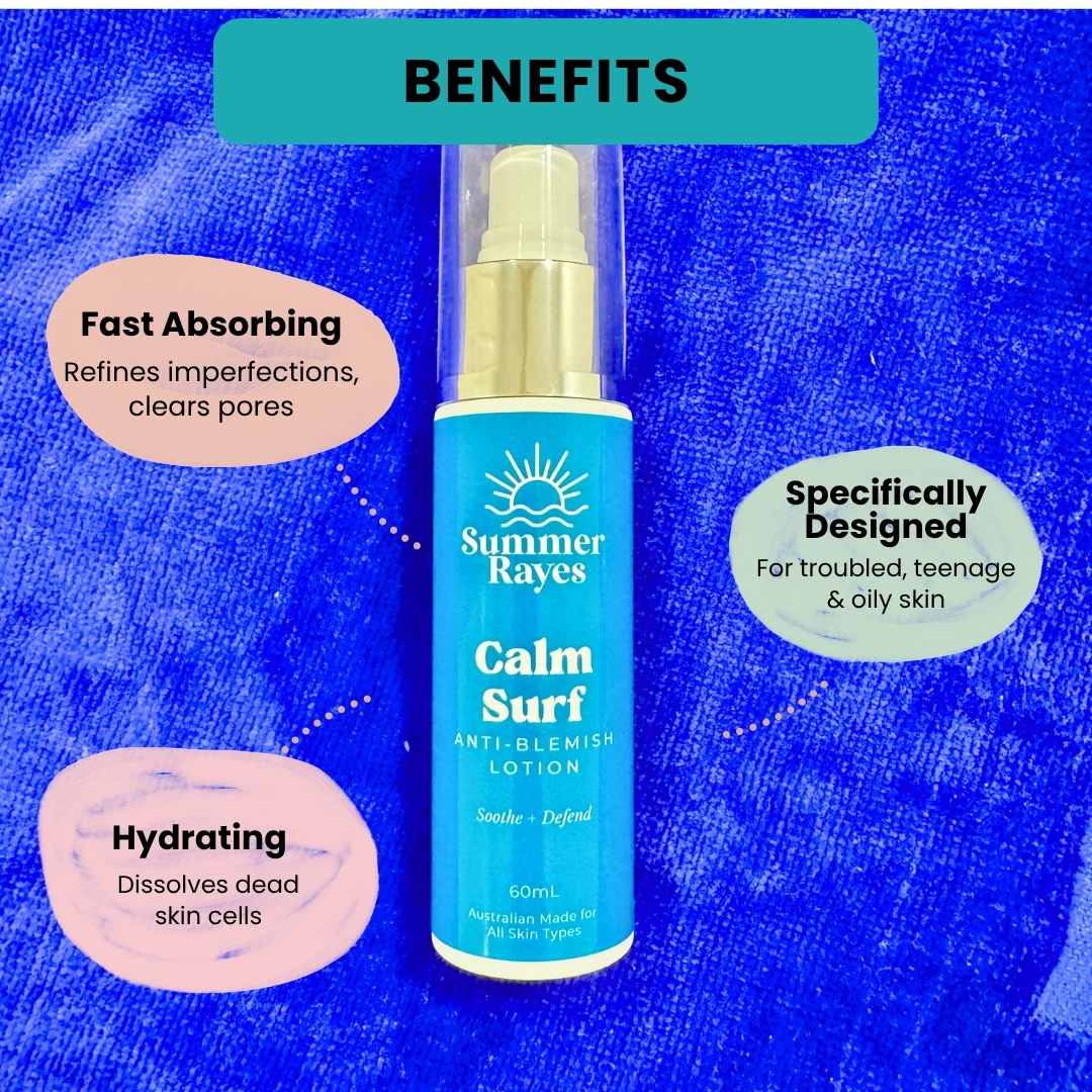 Summer Rayes Calm Surf Anti-Blemish Lotion bottle with benefits text on a blue textured background