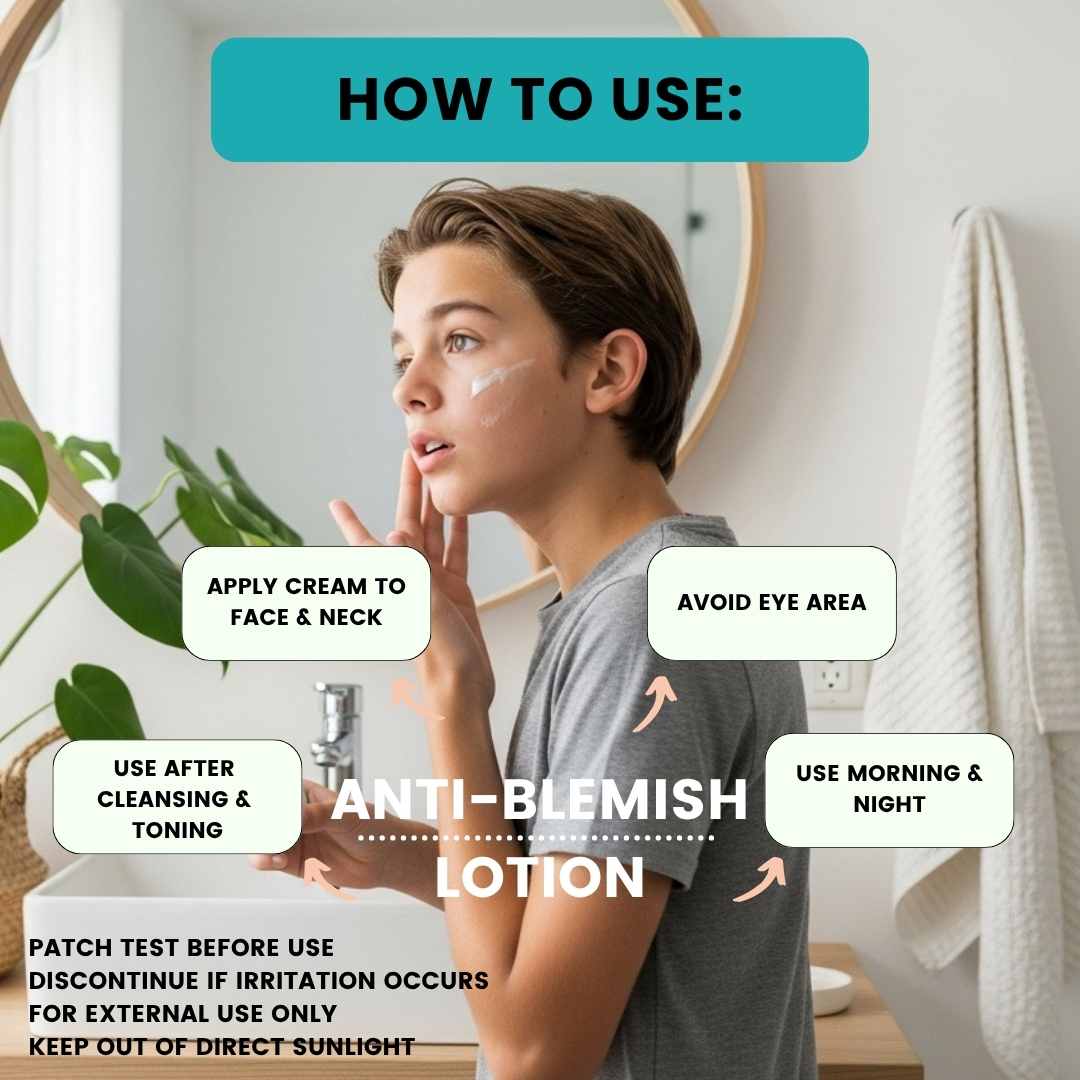 Person applying anti-blemish lotion with usage instructions on a bathroom wall.