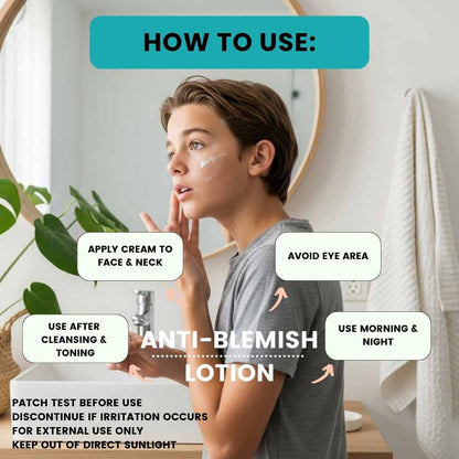 Person applying anti-blemish lotion with usage instructions on a bathroom wall.