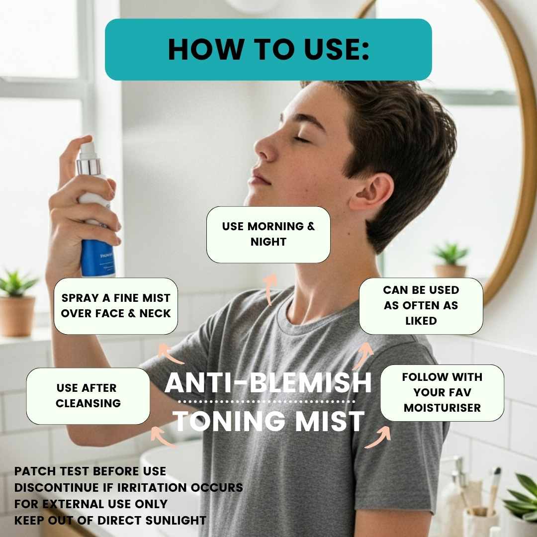 Person using an anti-blemish toning mist with usage instructions displayed.