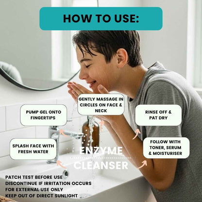 Person using enzyme cleanser with step-by-step instructions on a bathroom counter.