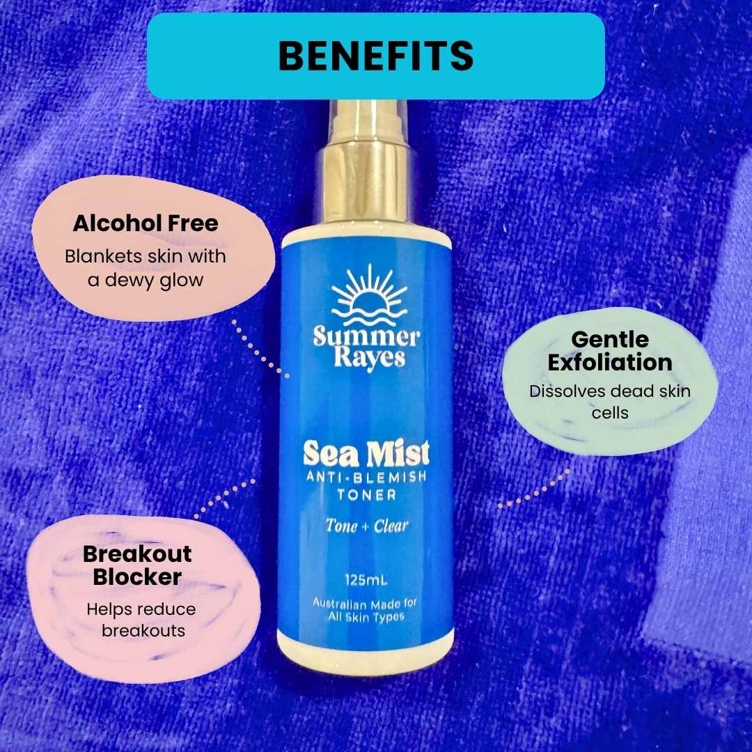 Summer Rayes Sea Mist toner bottle with benefits listed on a blue textured background