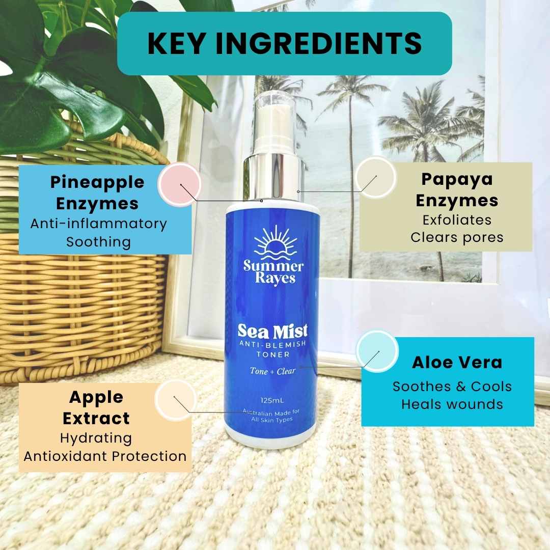 Summer Rayes teen skincare for boys and girls Sea Mist toner bottle with key ingredients highlighted on a natural background