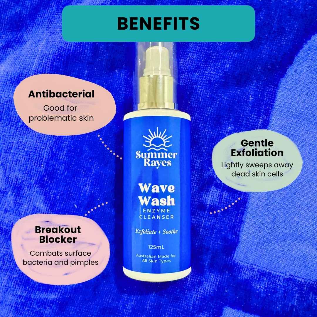 Summer Rayes Teen Skincare for boys and girls - Wave Wash bottle with benefits text on a blue textured background