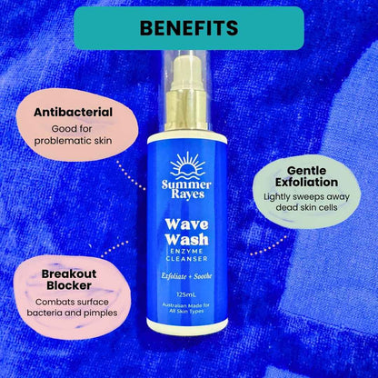 Summer Rayes Teen Skincare for boys and girls - Wave Wash bottle with benefits text on a blue textured background
