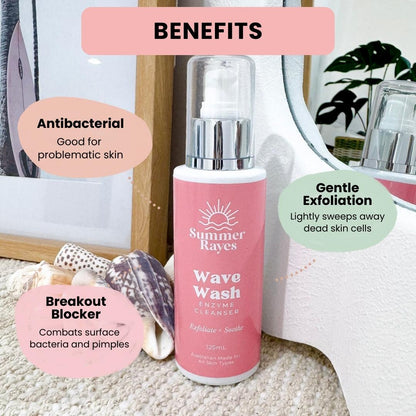 Pink bottle of Summer Rayes Wave Wash cleanser for teen skin with benefits text on a neutral background