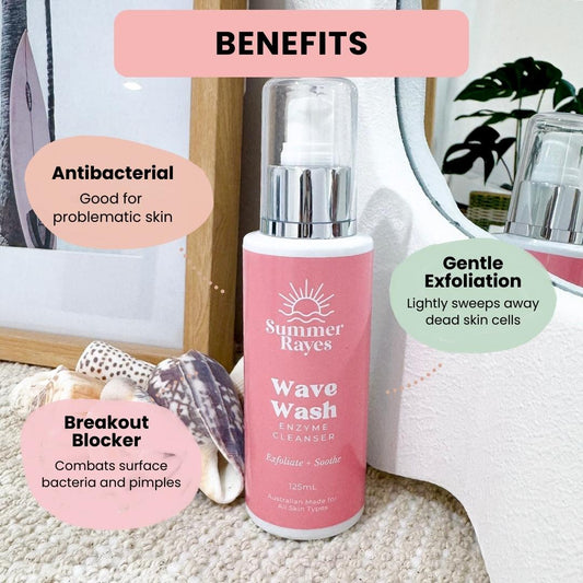 Pink bottle of Summer Rayes Wave Wash cleanser for teen skin with benefits text on a neutral background