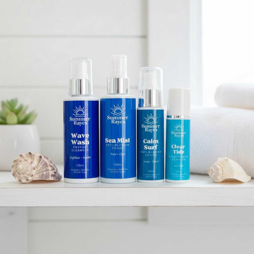 Four Summer Rayes teen skincare products on a white surface with shells and a plant in the background.