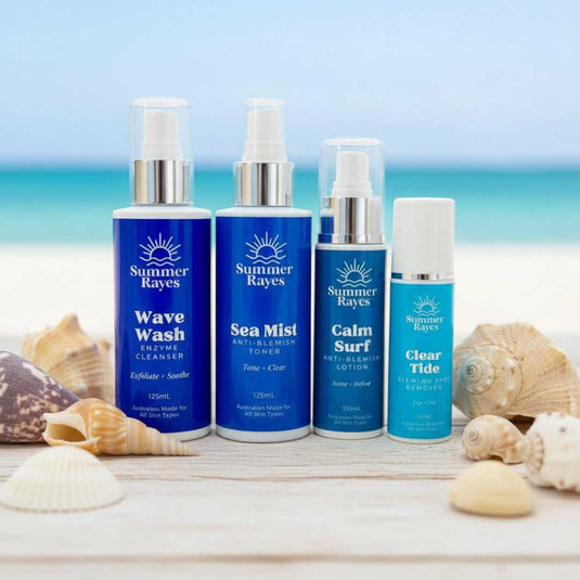Set of Summer Rayes teen skincare products with a beach background