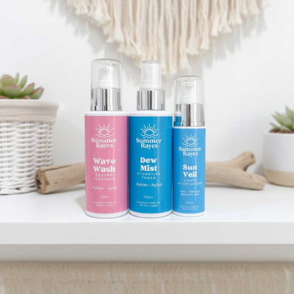 Three Summer Rayes teen skincare products on a white surface with a neutral background
