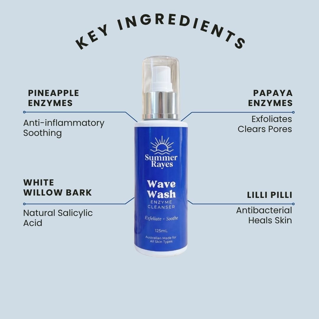 Summer Rayes Wave Wash enzyme cleanser bottle centered on a light blue background with surrounding text callouts for key ingredients