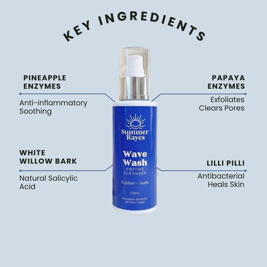 Summer Rayes Wave Wash enzyme cleanser bottle centered on a light blue background with surrounding text callouts for key ingredients